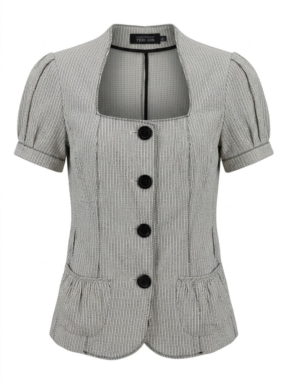 Teri Jon Rickie Freeman Gray Ruffle Peplum Square Neck Blouse Women Size 2